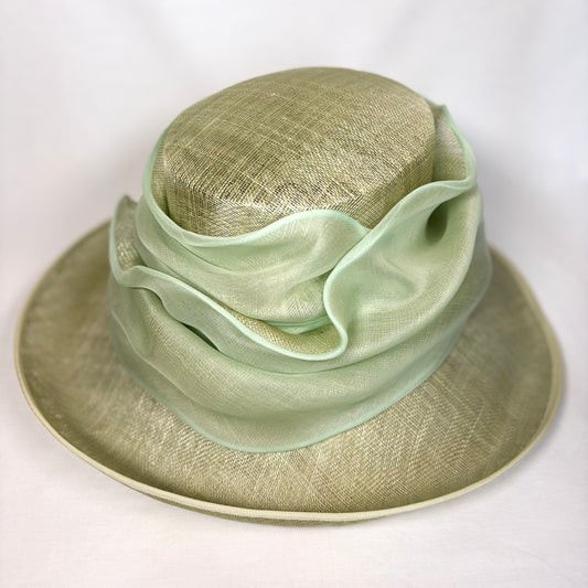 Green wide-brim occasion hat with soft textured detail