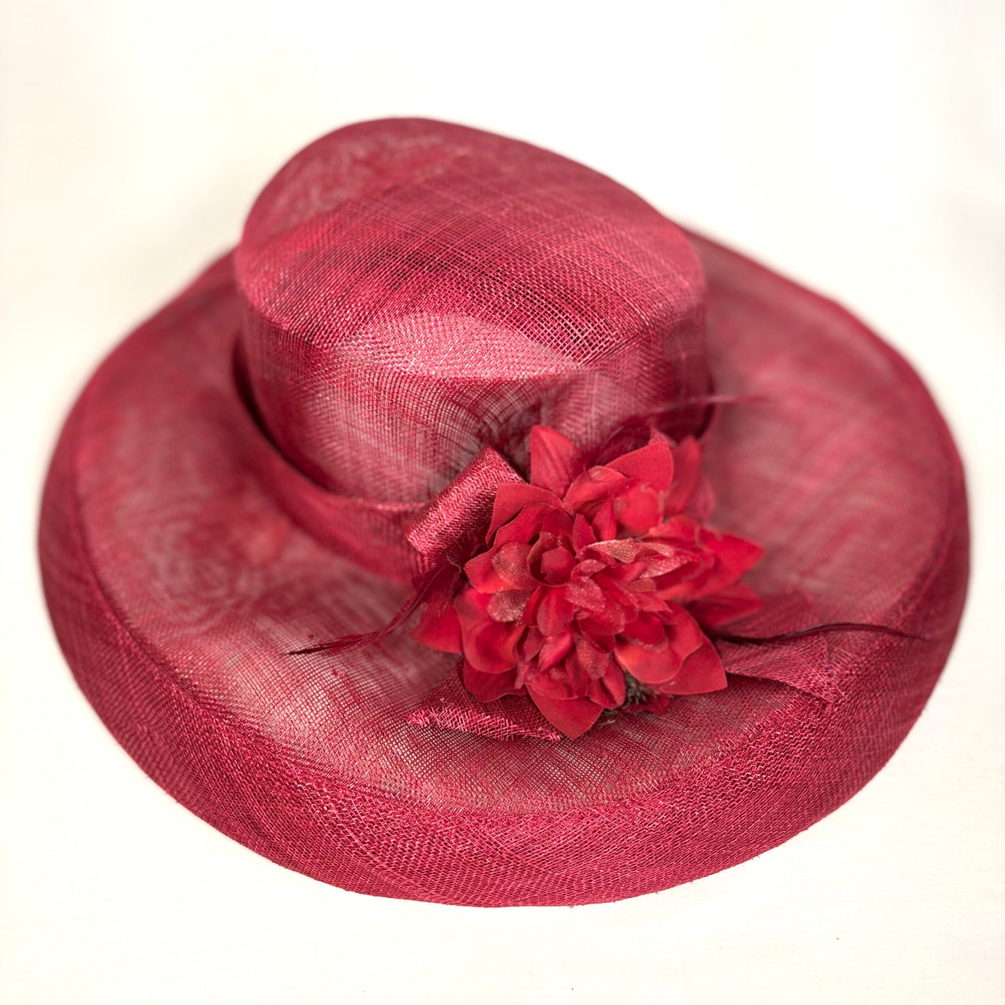 Maroon wide brim occasion hat with flower detail