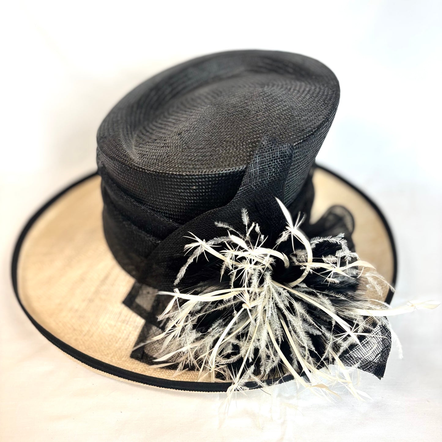 Black and Cream occasion hat with soft feather trim