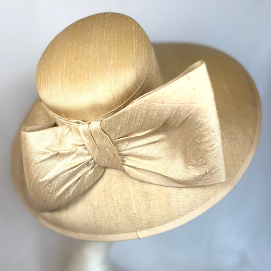 Cream, Gold wide-brim occasion hat with feature bow design
