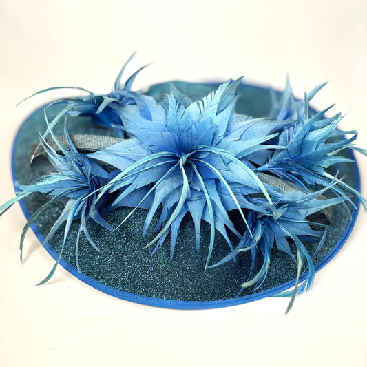 Blue feathered wide-brim occasion hat