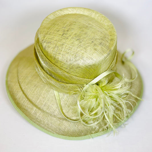 Light green wide-brim structured hat with twist and feather detail