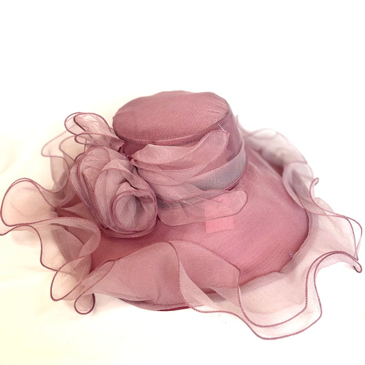 Pink wide-brim soft occasion hat with flower design