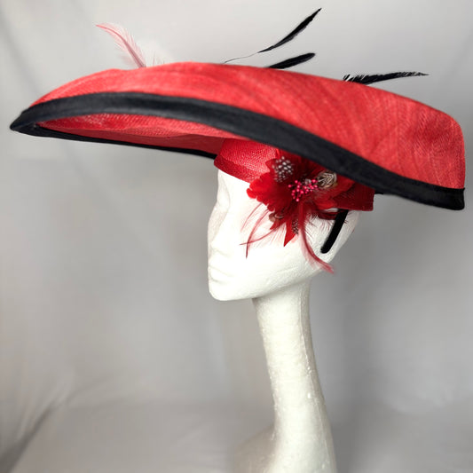 Red wide-brim statement hat with feather details