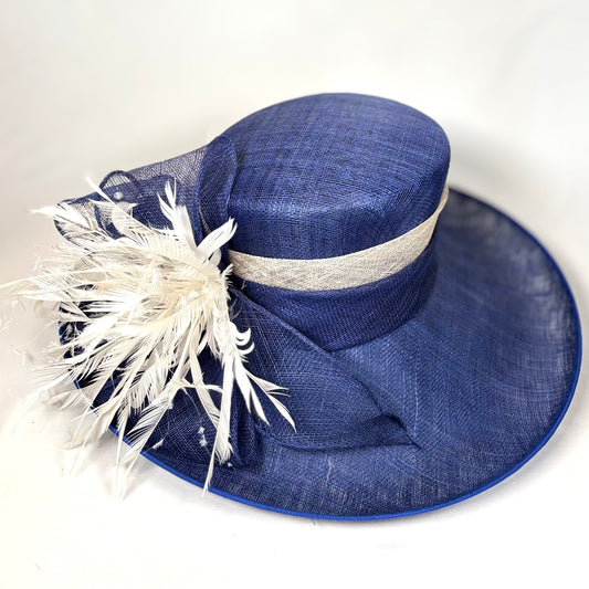 Royal Blue wide-brim hat with statement feather design
