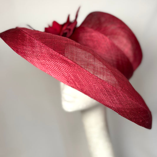 Maroon wide brim occasion hat with flower detail