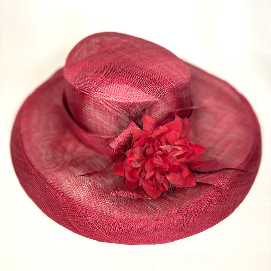 Maroon wide brim occasion hat with flower detail