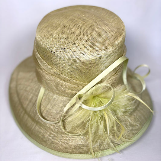 Lime green wide-brim occasion hat with feather detail