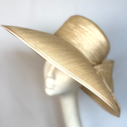 Cream, Gold wide-brim occasion hat with feature bow design