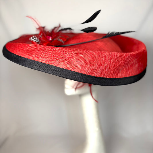 Red wide-brim statement hat with feather details
