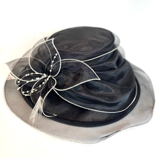 Black and white soft fabric wide brim occasion hat