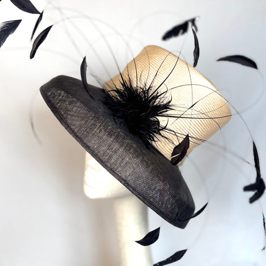 Cream and Black occasion hat with bold feather design