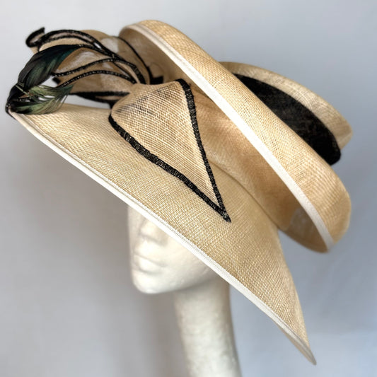 Cream and black double brim hat with statement bow detail