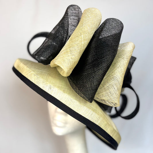 Cream and Black statement hat with bold structured bow design